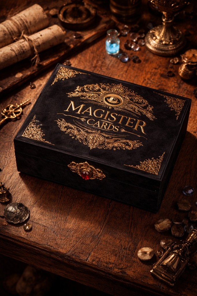 Magister Cards collector box in black suede with gold foil lettering and ornate seal.